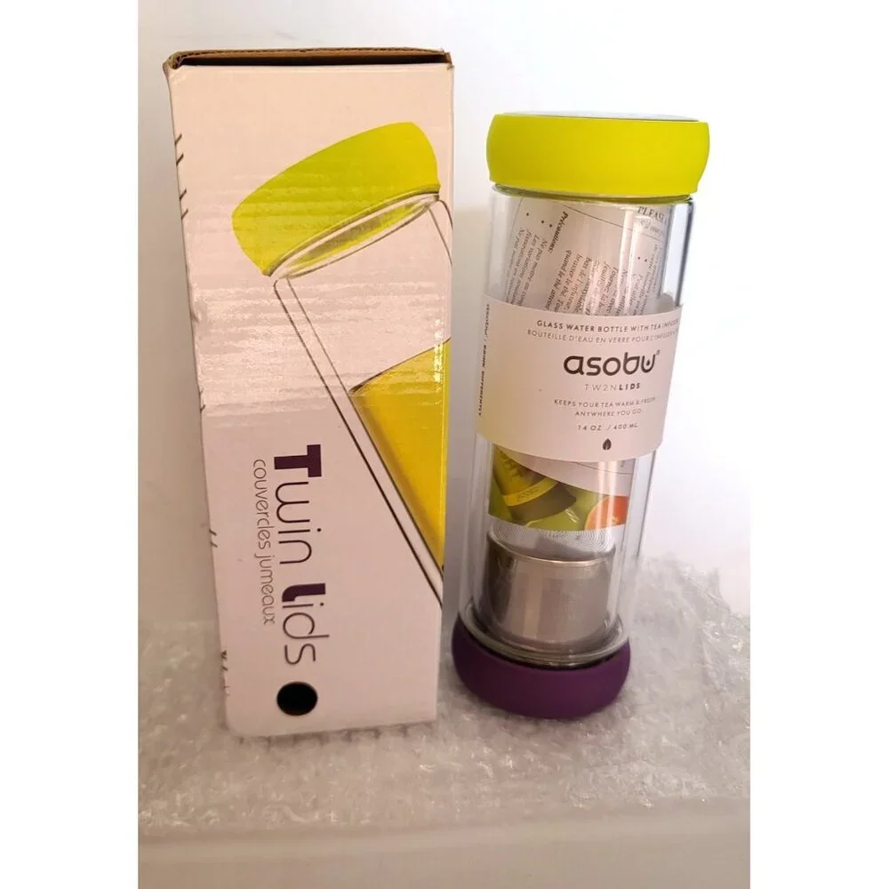 Asobu Twin Lids Glass Water Bottle With Tea Infuser 14 oz Double Walled NEW